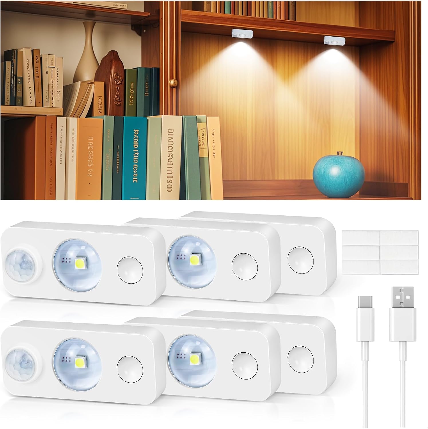 6 Pack Motion Sensor Puck Light, Rechargeable LED Under Cabinet Lights ...