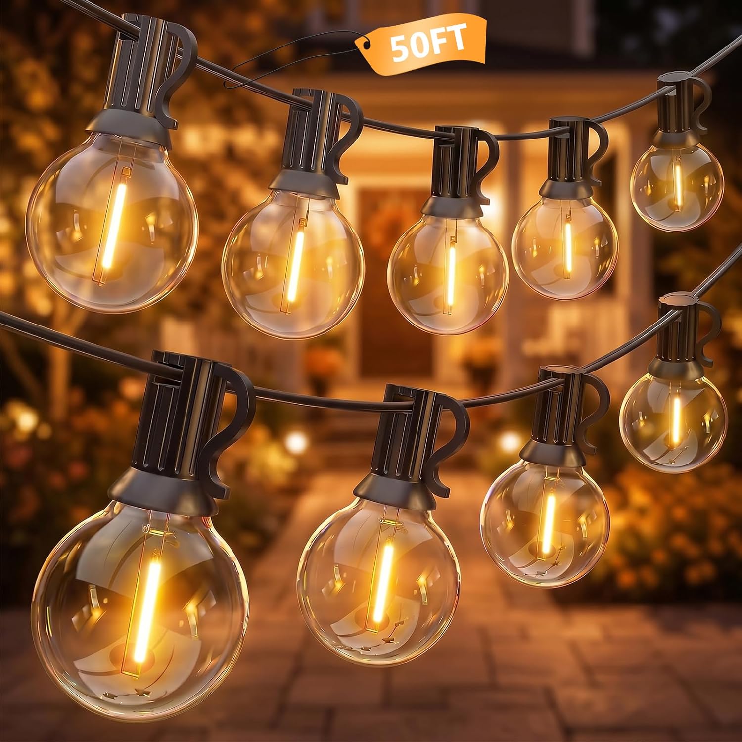 50FT Outdoor String Lights - Shatterproof G40 LED Bulbs, Waterproof Connectable Patio String Lights for Outside Backyard, Wedding & Bistro Party Decor, Warm White 2700K (25 Bulbs + 2 Spare)