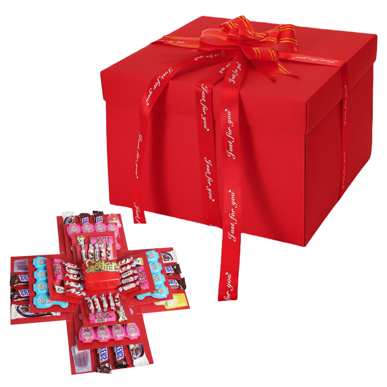 Pasdrucn DIY Explosion Gift Box with Tape and Ribbon, 6 Layer Snack Explosion Box, Scrapbooking Box, Creative Explosion Box for Gift, Anniversary, Birthday, Valentine's Day and Wedding (red)