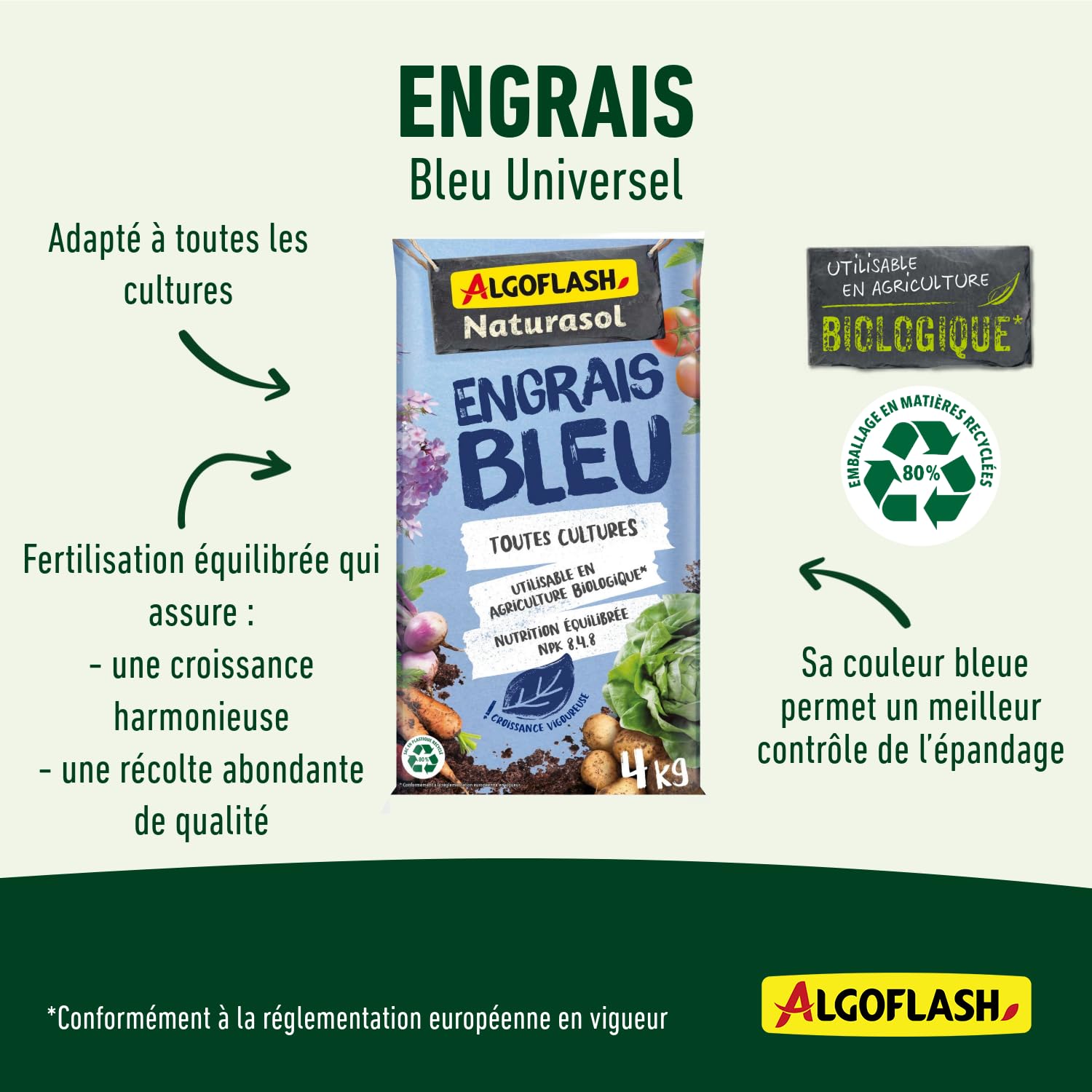 ALGOFLASH NATURASOL Engrais Bleu, Utilisable en Agriculture Biologique, Toutes Cultures, 4 kg, ABIOBLEU4