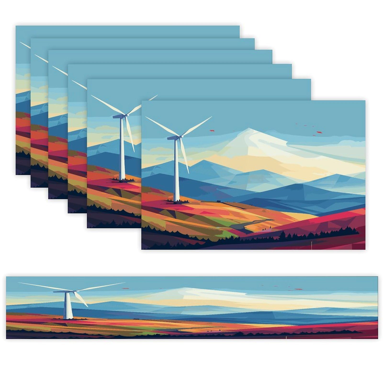 Windmill Flat Illustration Table Runner and Placemats Set of 6 Heat Resistant Washable Table Runners Dining Mat Sets Modern Cloth Place Mats Linen Table Decor for Kitchen Dining Room