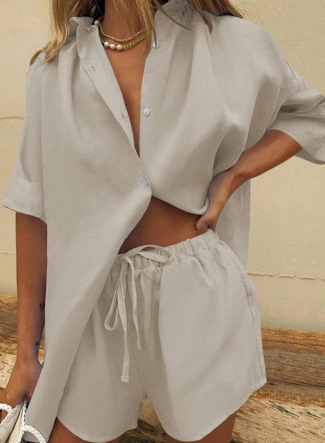 Fixmatti Women 2 Piece Outfits Long Sleeve Button Down Blouse and Shorts Sweatsuit Sets