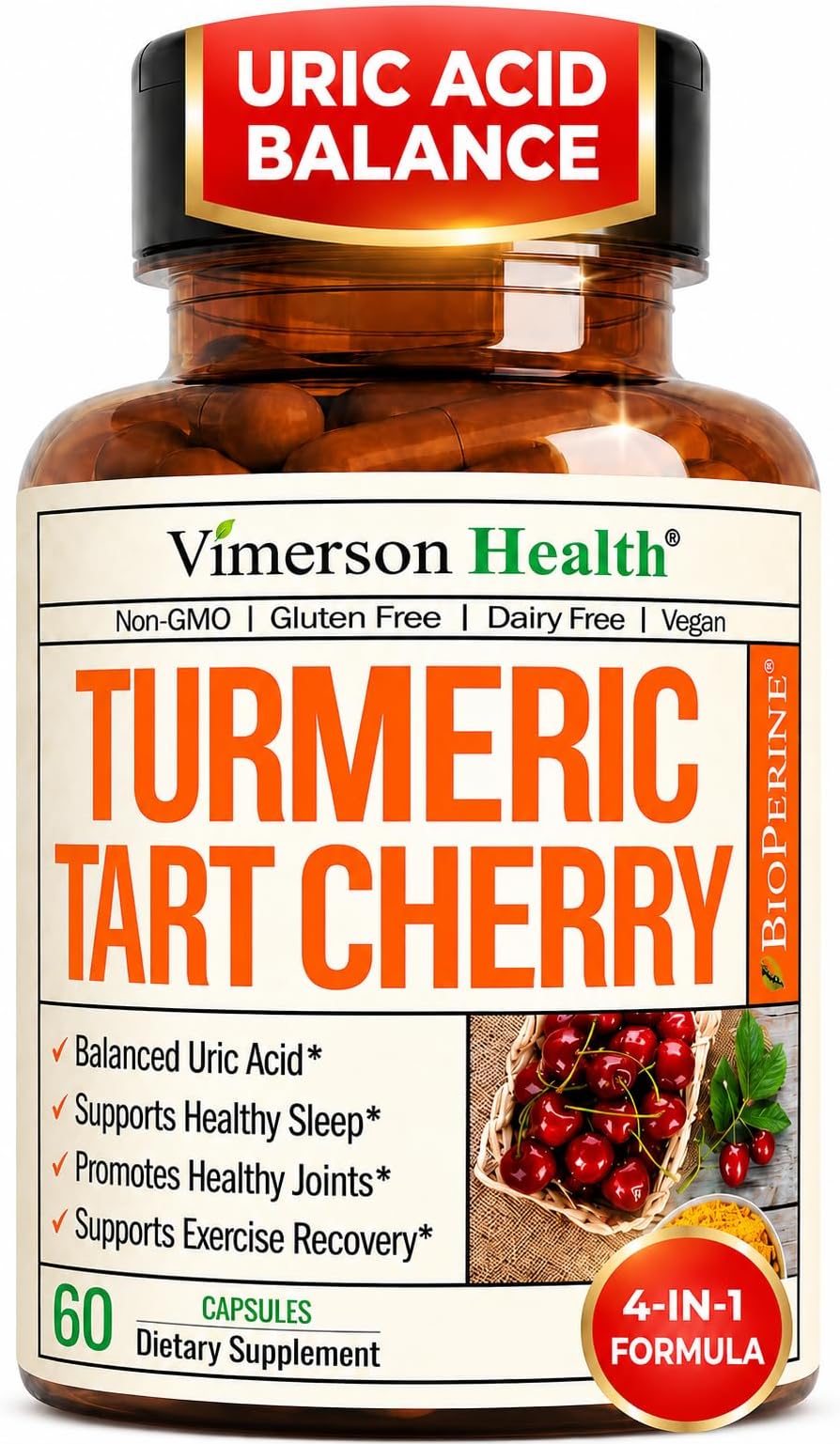 Tart Cherry Capsules – 4-in-1 Turmeric Tart Cherry Supplement for Uric Acid Balance & Joint Health – 10:1 Tart Cherry Extract Capsules with Celery Seed, Turmeric Curcumin & Black Pepper – 60 Count