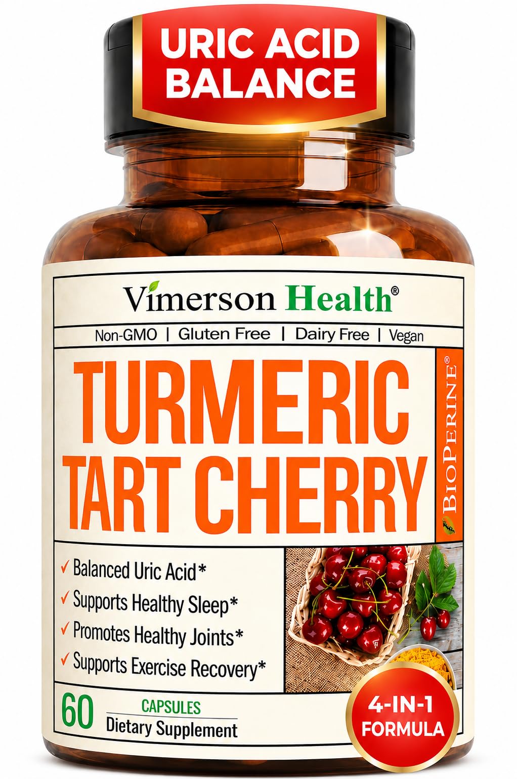 Tart Cherry Capsules with Turmeric 600mg for Uric Acid & Joint Health 60 Ct 60 Count (Pack of 1)