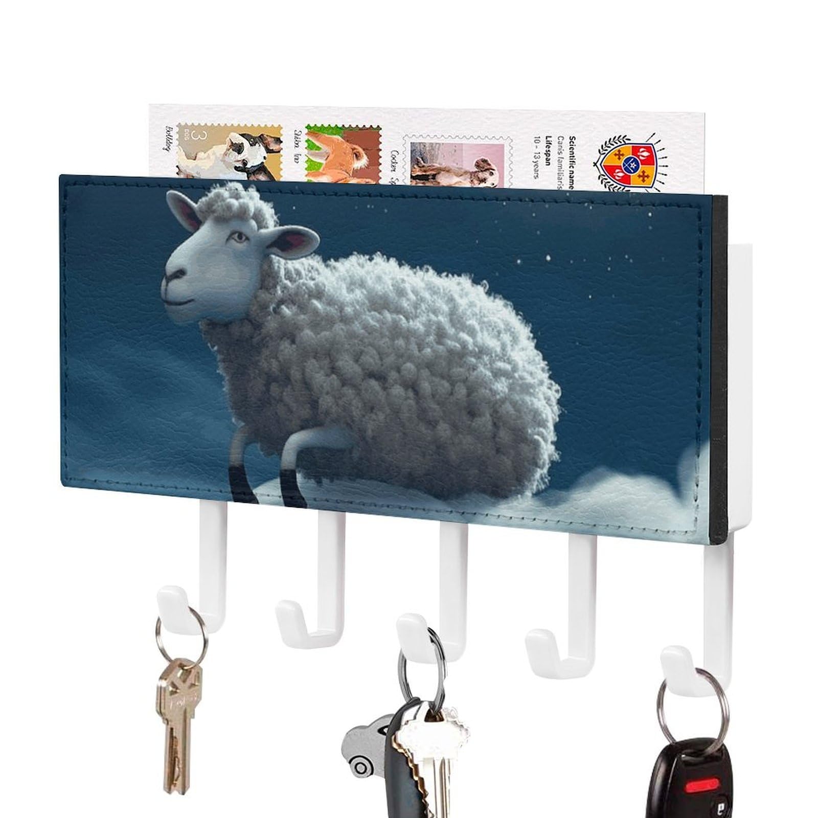DWVTSLH Sheep Flying Over The Moon Key Holder for Wall, Decorative Key Hooks with Mail Organizer & 5 Hooks, Self Adhesive Leather Key Hanger for Entryway, Wall Mounted Key Rack (7.1” X 4.3” X 0.9”)