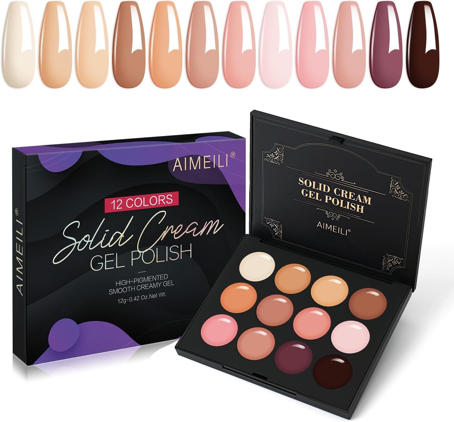 AIMEILI Gel Nail Polish Set – 12 Colors UV Lamp Dipped Solid Cream Palette – 16 Pieces