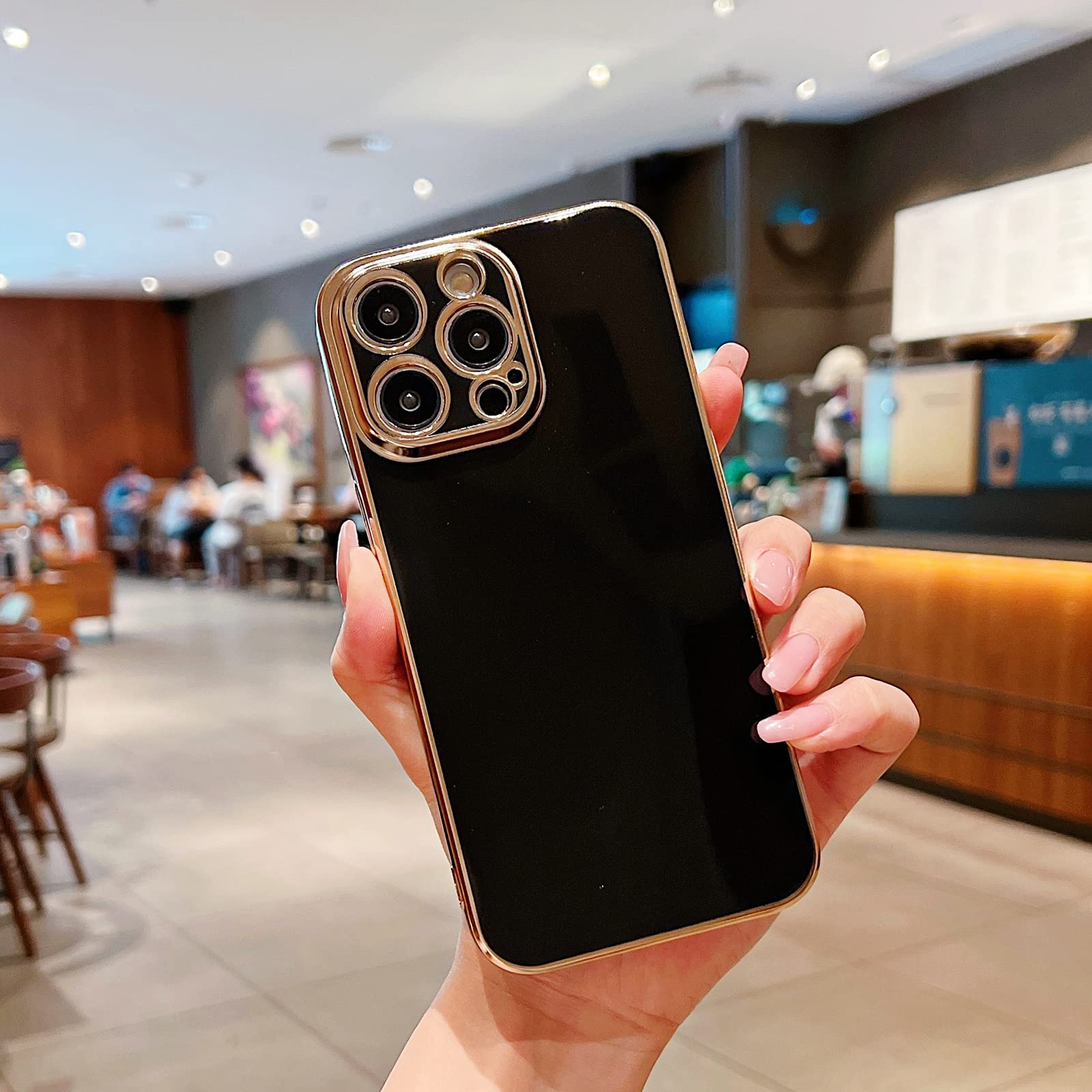 Spevert iPhone 14 Pro Max Case 6.7 Inch Fashion Luxurious Soft TPU Full Camera Protection Shockproof Electroplate Edge Bumper Case Cover for Women Girls - Black