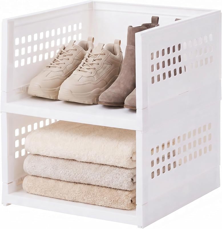 Organizador de almacenamiento modular IRIS USA, paquete de 2, fabricado en EE. UU., plegable | Plegable, con pasadores apilables, organización de lavandería en el baño, armario sin herramientas,