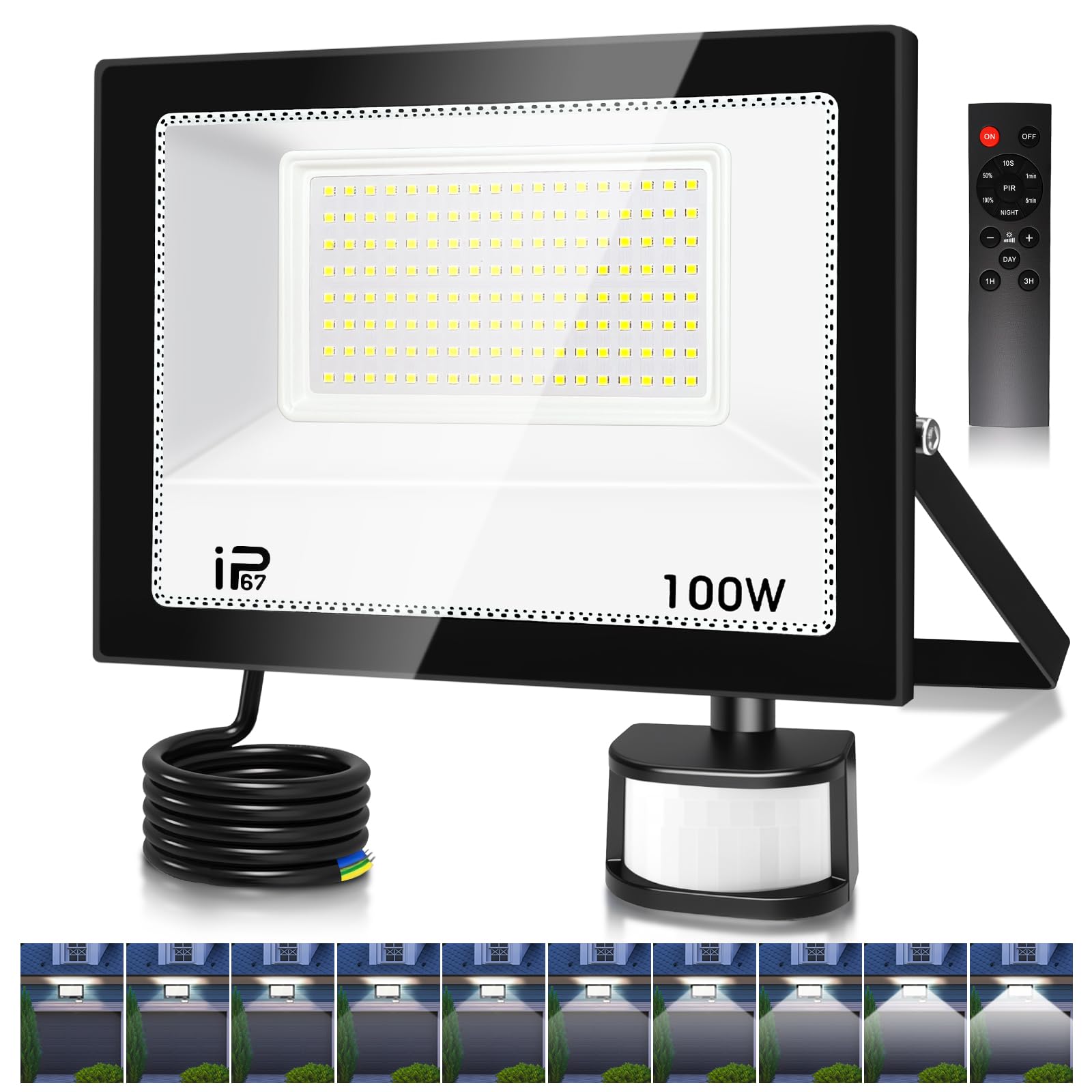 Projecteur Led Exterieur Detecteur de Mouvement et Télécommande 100W, 10000LM 7000K Spot LED Extérieur,Réglables 10 luminosité Eclairage Exterieur Blanc Froid Étanche IP67 pour Garage Jardin-Noir