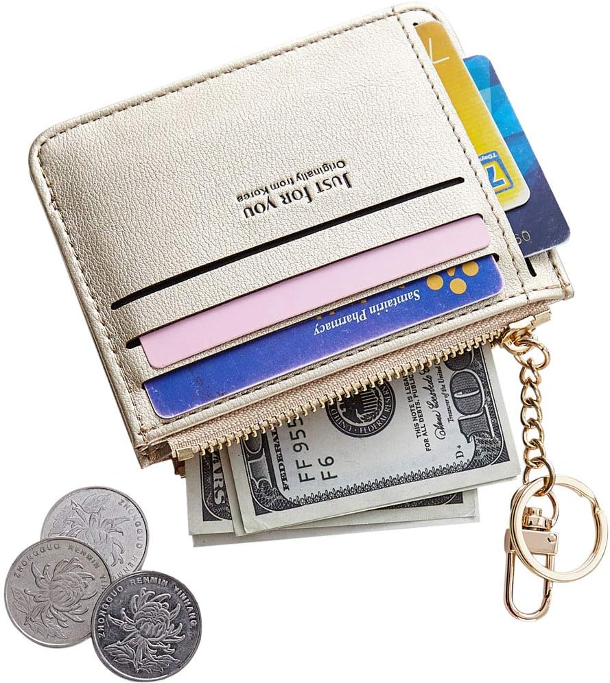 Slim Leather Card Case Holder Front Pocket Wallet Change Purse for Women Girls keychain