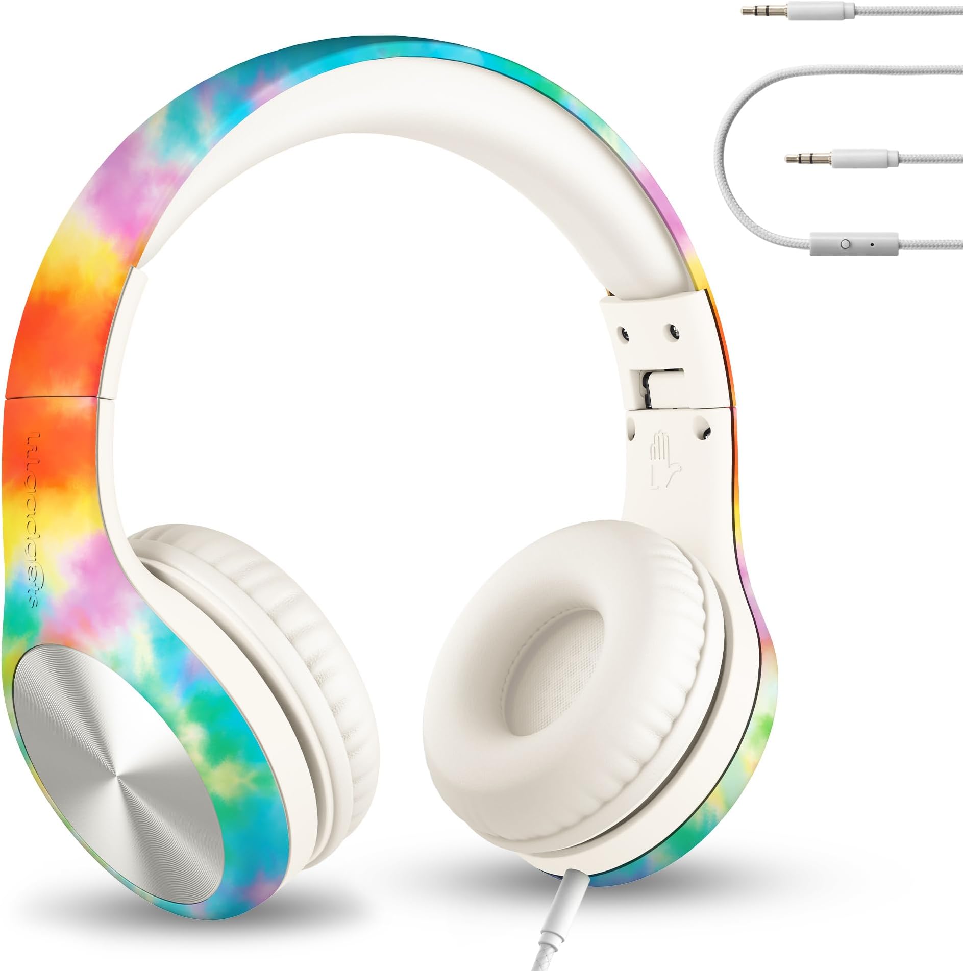 LilGadgets Connect+ Pro Girls Headphones for School - Designed with Kids' Comfort in Mind, Foldable Over-Ear Headset with in-line Microphone, Headphones for Kids for School, Tie Dye Rainbow