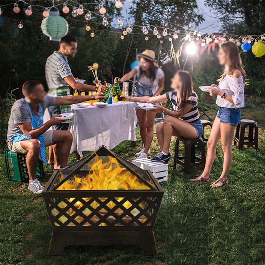 Fire Pit Garden Pits with Heat-Resistant Coating Iron Tabletop Outdoor Wood Burning with Spark Screen Cover and Poker