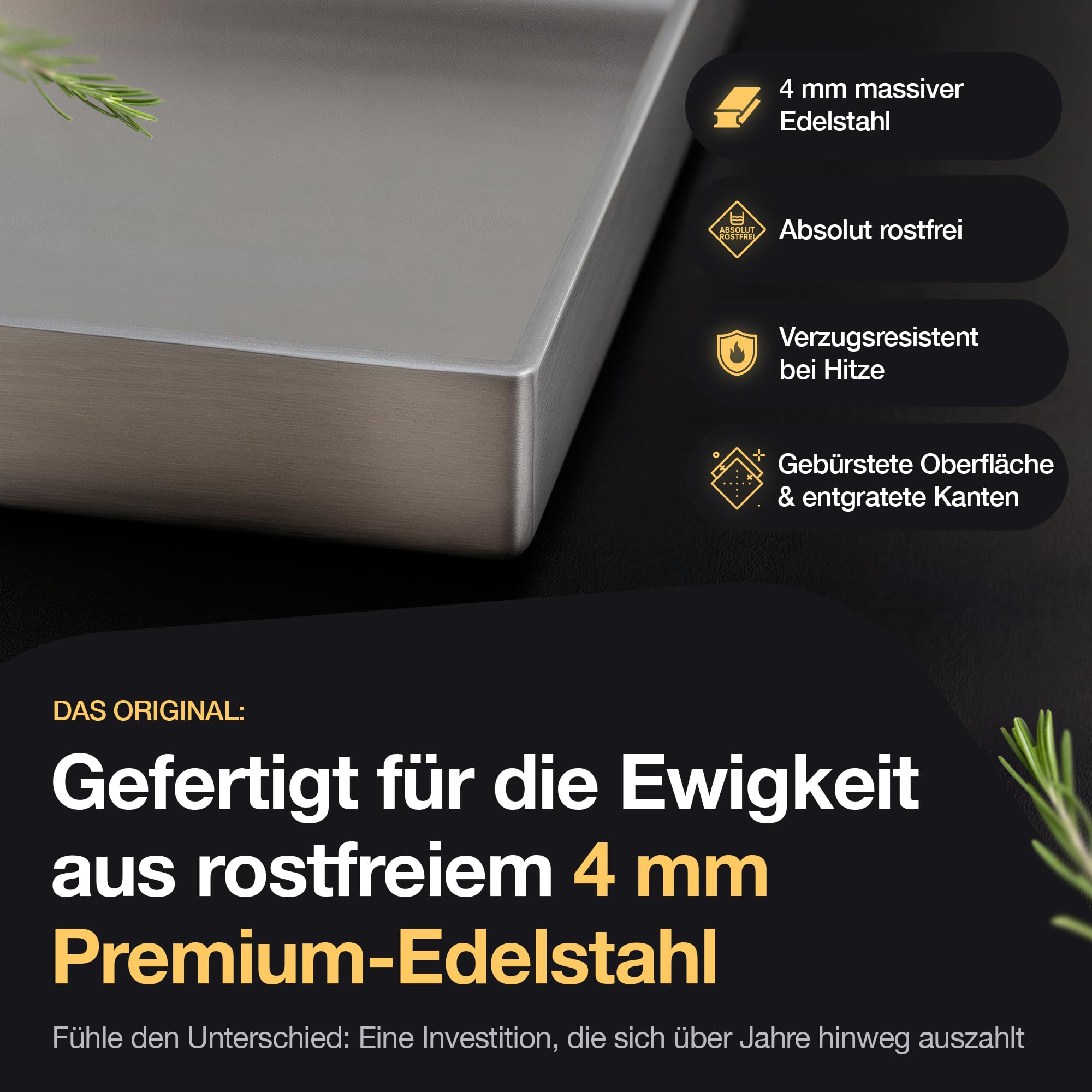 NTG - Płyta grillowa ze stali nierdzewnej 4 mm [40 x 30 cm] – Plancha z odpływem tłuszczu i szpachelką do grilla – do grilla gazowego i węglowego – odporne na odkształcenia akcesoria do grilla