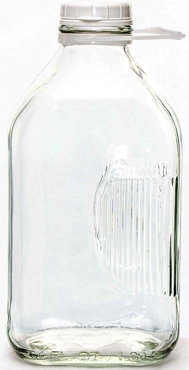 The Dairy Shoppe 2 Qt Heavy Glass Milk Bottle with Handle & Cap, 64 Oz, 1/2 Gal.