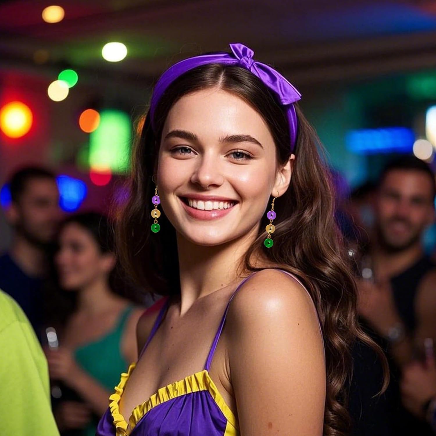 Sucrain 1 Pair Colorful Mardi Gras Beaded Earrings for Women Carnival Holiday Party Jewelry Gifts (Purple&Yellow&Green) - Image 5