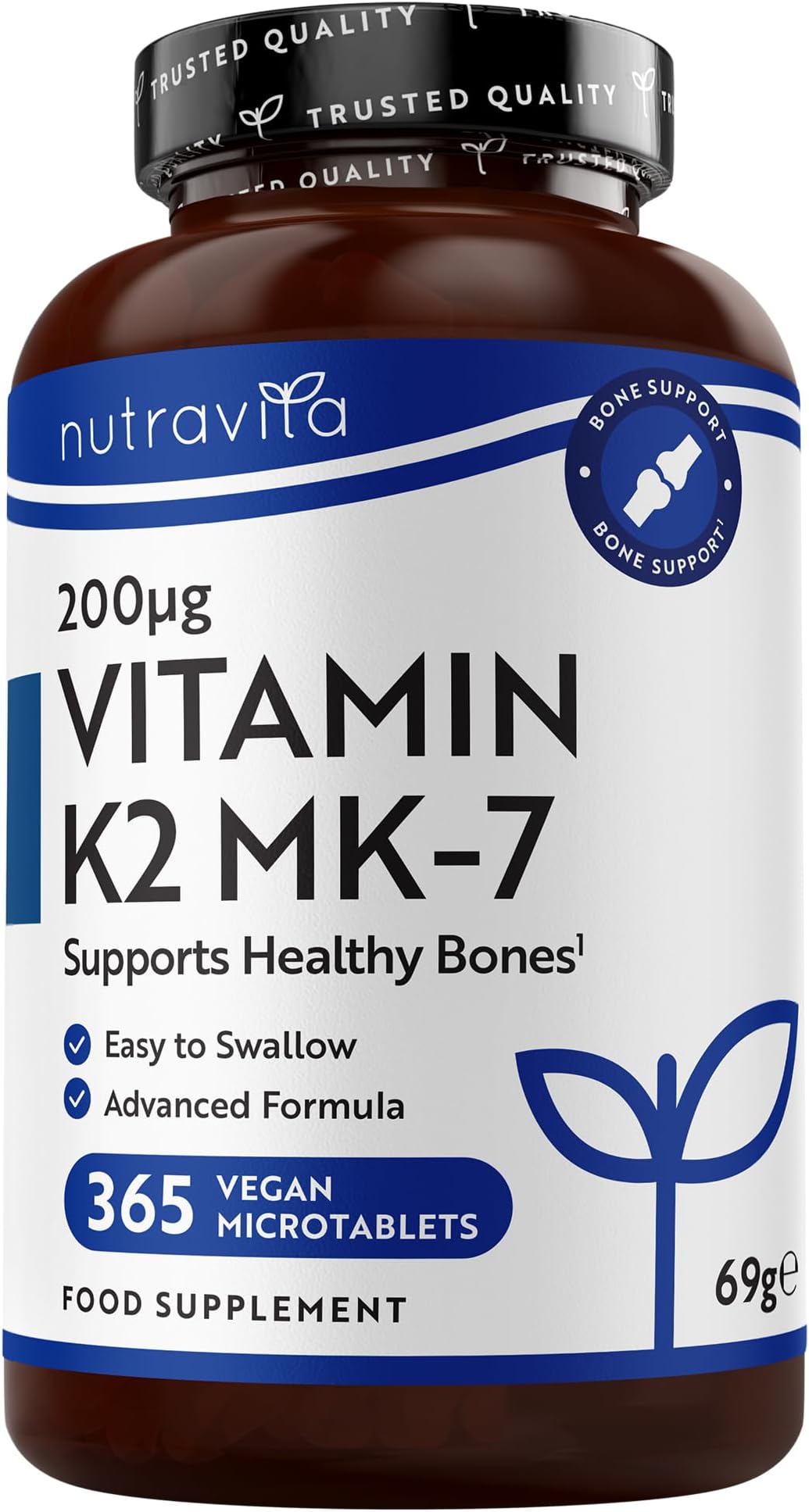 Nutravita Vitamin K2 MK 7 200mcg - 1 Year Supply - 365 Vegan Micro Tablets (Not Capsules) - Supports Maintenance of Normal Bones - High Strength Menaquinone MK7 - Made in The UK