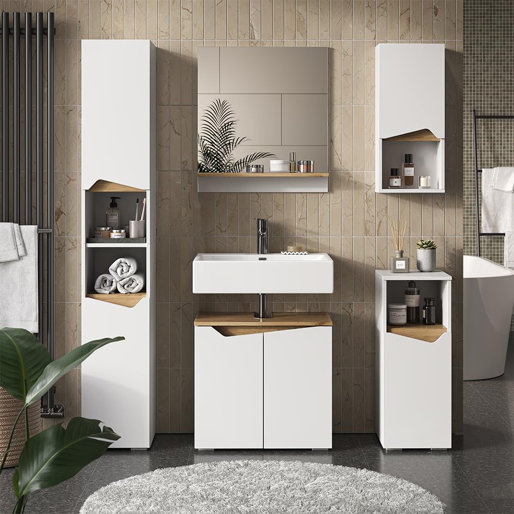 Vicco Badmöbel-Set Marelle, Weiß, 80 cm, besteht aus Waschbeckenunterschrank, Spiegelschrank und Hochschrank