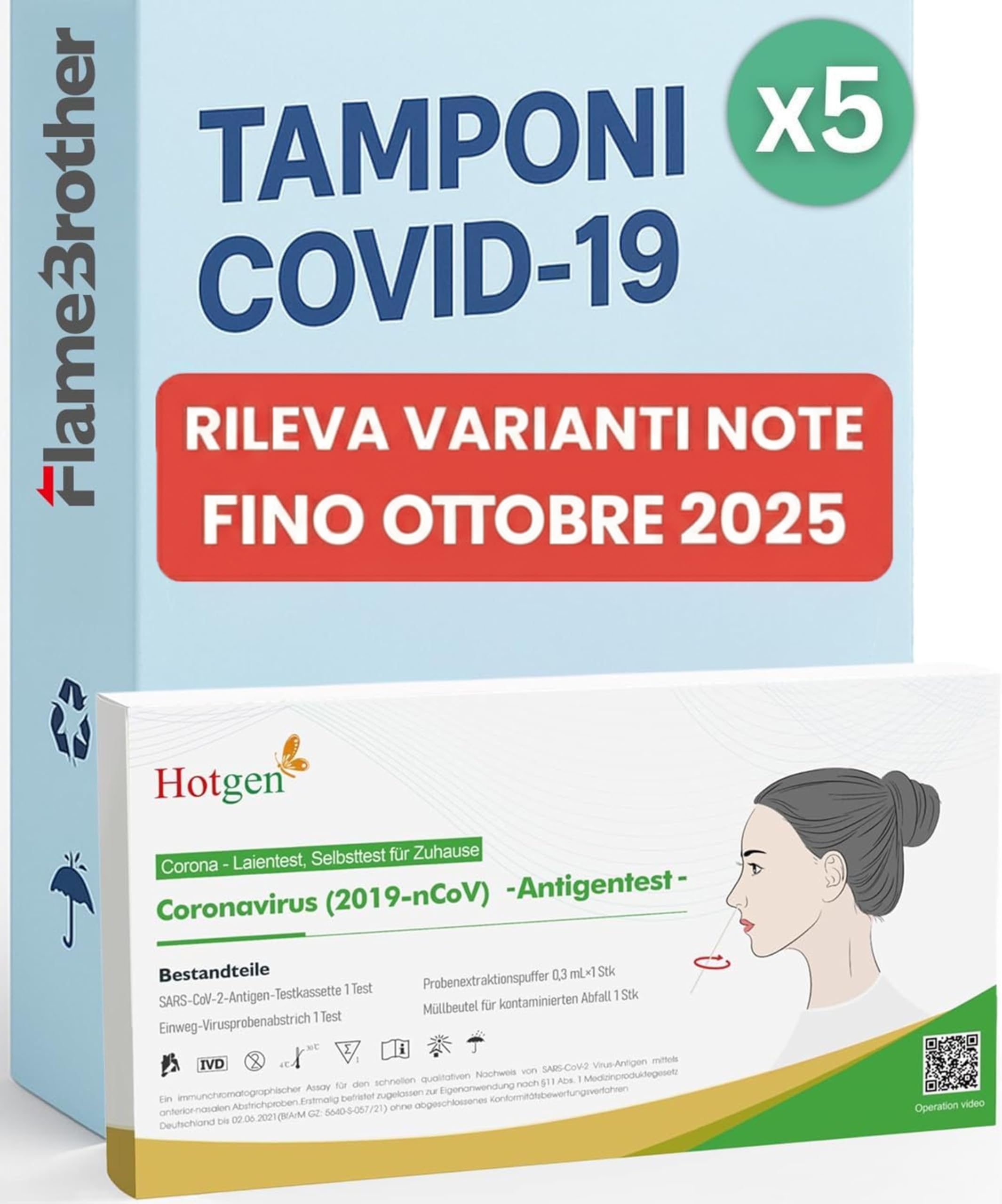 Hotgen 5 x Tamponi Covid 19 Rapido 2024 Nasale, Kit Rapido Tampone Test Antigenico Rapido, Validato per Varianti 2024, Singolarmente Imbustati 5 Test