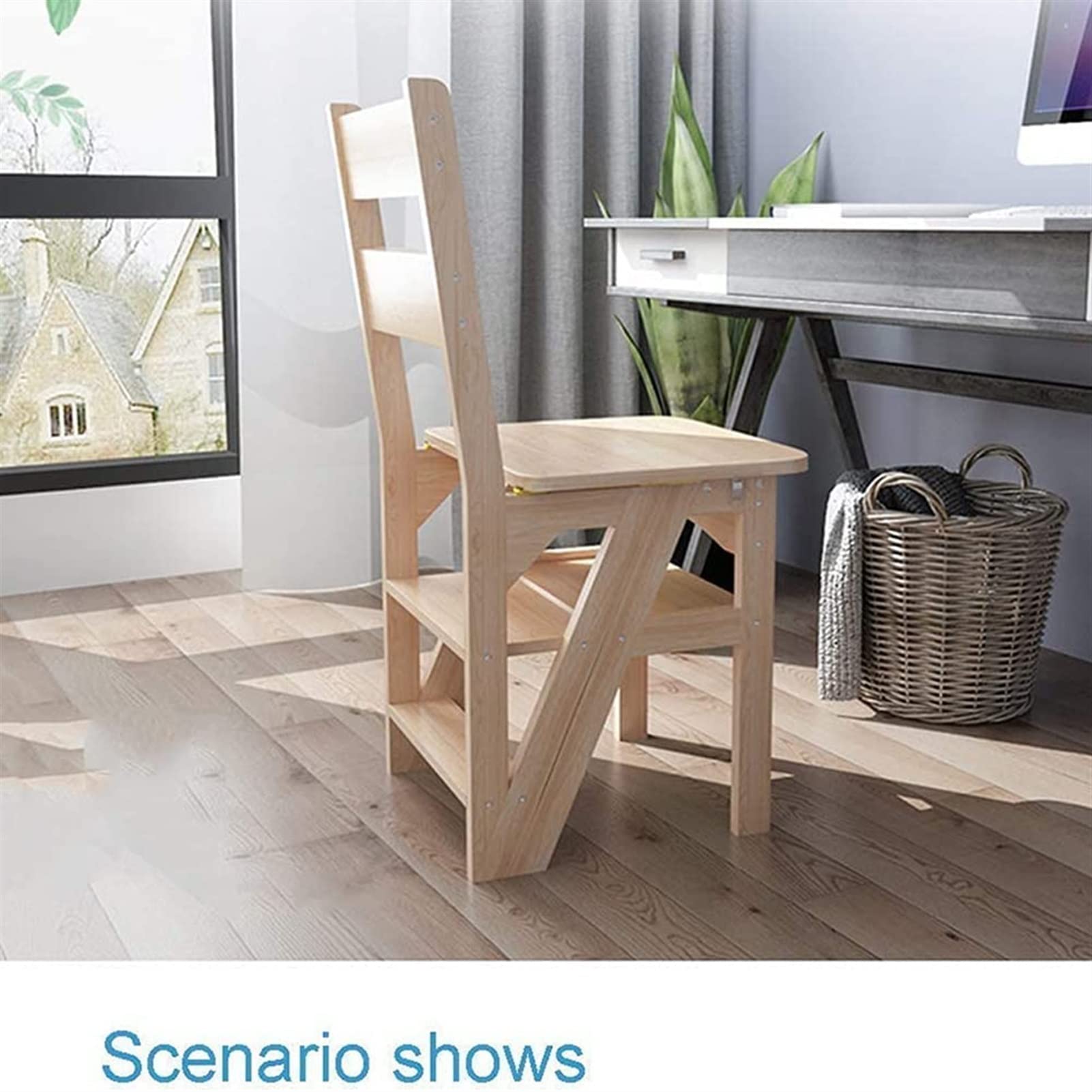 Taboret do wspinaczki w pomieszczeniach, 4-stopniowy taboret drabinowy, drewniany składany taboret drabinowy (kolor drewna) Keep it in mind