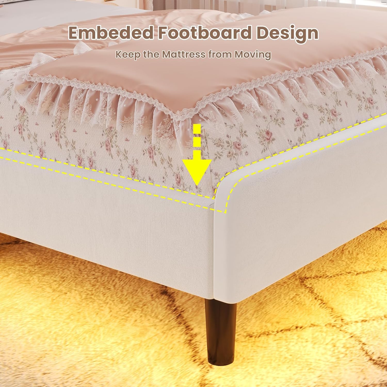Images showing the integrated aluminum smart light strips in the headboard and the under-bed velcro stick LED light strip.