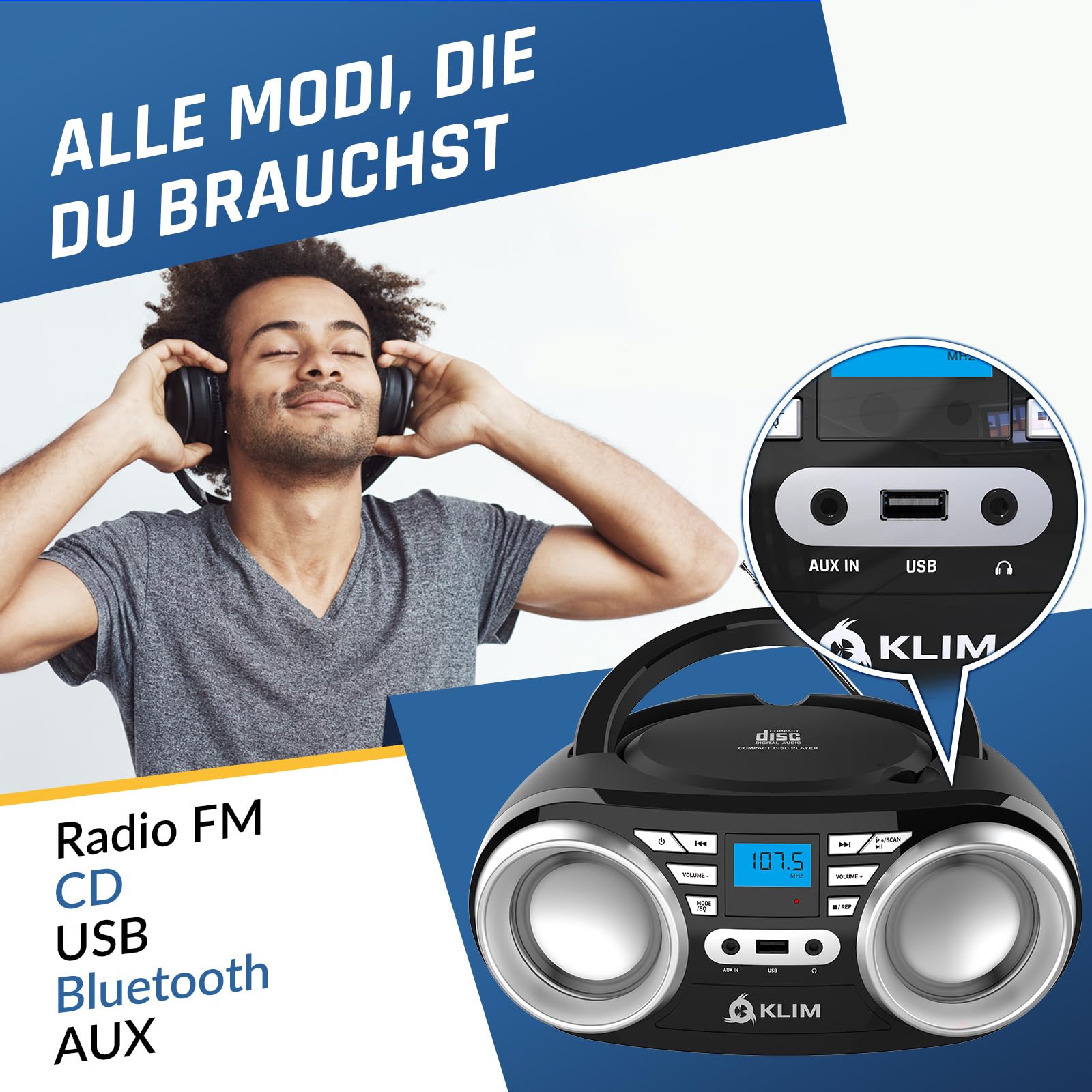 KLIM B3 Tragbarer CD Player Bluetooth Boombox mit FM-Radio, Bluetooth, USB und AUX - Hochwertige Dual-Lautsprecher, EQ-Soundeffekte, 20 Voreingestellte Sender, Kompakt und Leicht | CD Player Tragbar