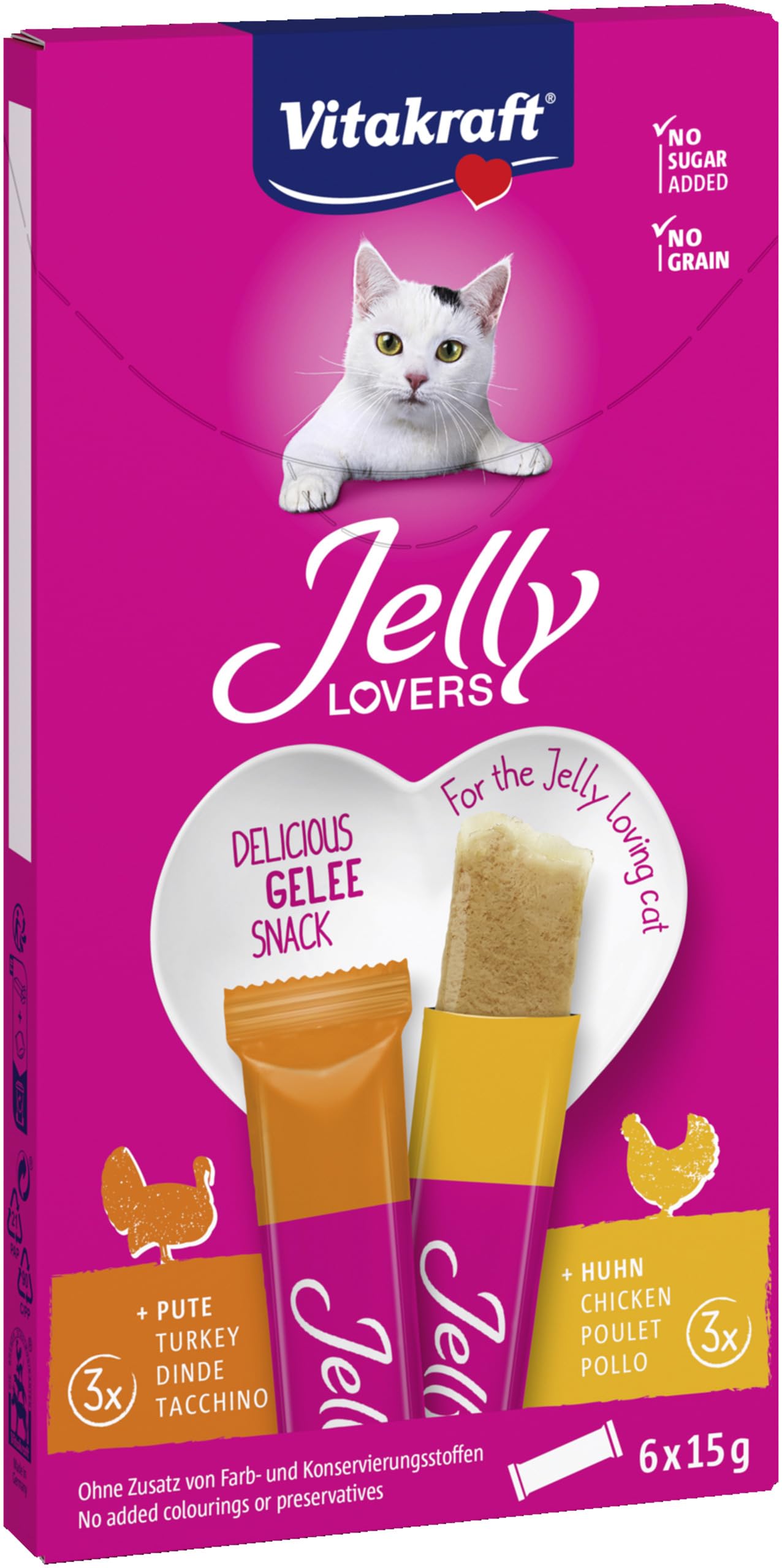 Vitakraft Jelly Lovers, Cat Treats, Chicken Turkey Gummy Snack, Individual Sticks, No Sugar Added (1 Pack 6x 15g)