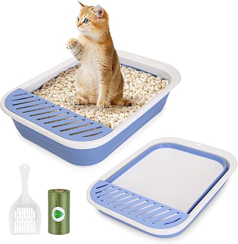 ShineMe - Caja de arena plegable para gatitos, caja de arena pequeña para gatos con pala y bolsa de arena, impermeable, antisalpicaduras para gatos