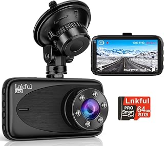 Dash Cam Front, Lnkful Dash Camera for Cars with 64GB SD Card, 1080P FHD Car Dashboard Camera Recorder with 3'' IPS Screen, 170° Wide Angle, Loop Recoding, Night Vision, G-Sensor, Parking Monitor