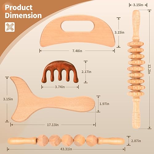 Miniatura 7 de Herramientas de masaje de terapia de madera 5 en 1, masajeador de drenaje linfático, kit de maderoterapia, masajeador de madera, herramientas de