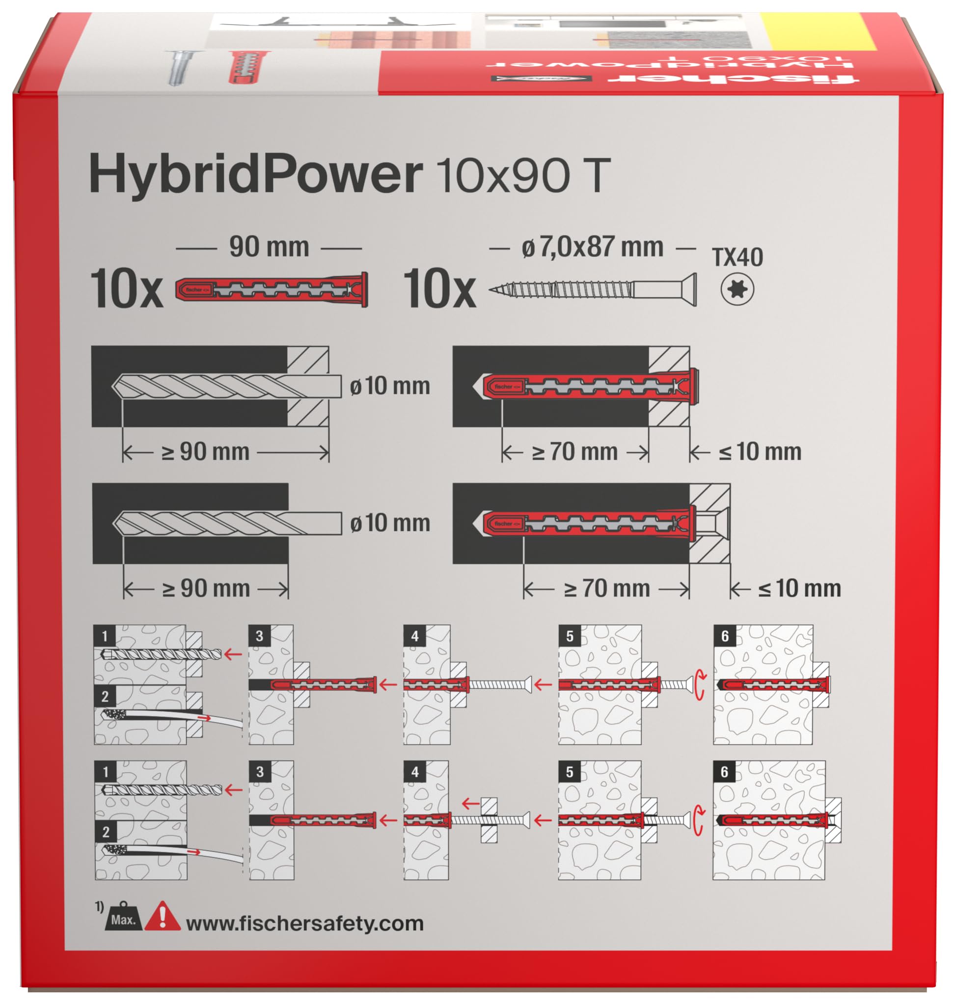 fischer HybridPower 10 x 90 T, tacos para máxima capacidad de carga y seguridad, fácil montaje sin herramientas de montaje, universal para materiales perforados y sólidos, mampostería, hormigón