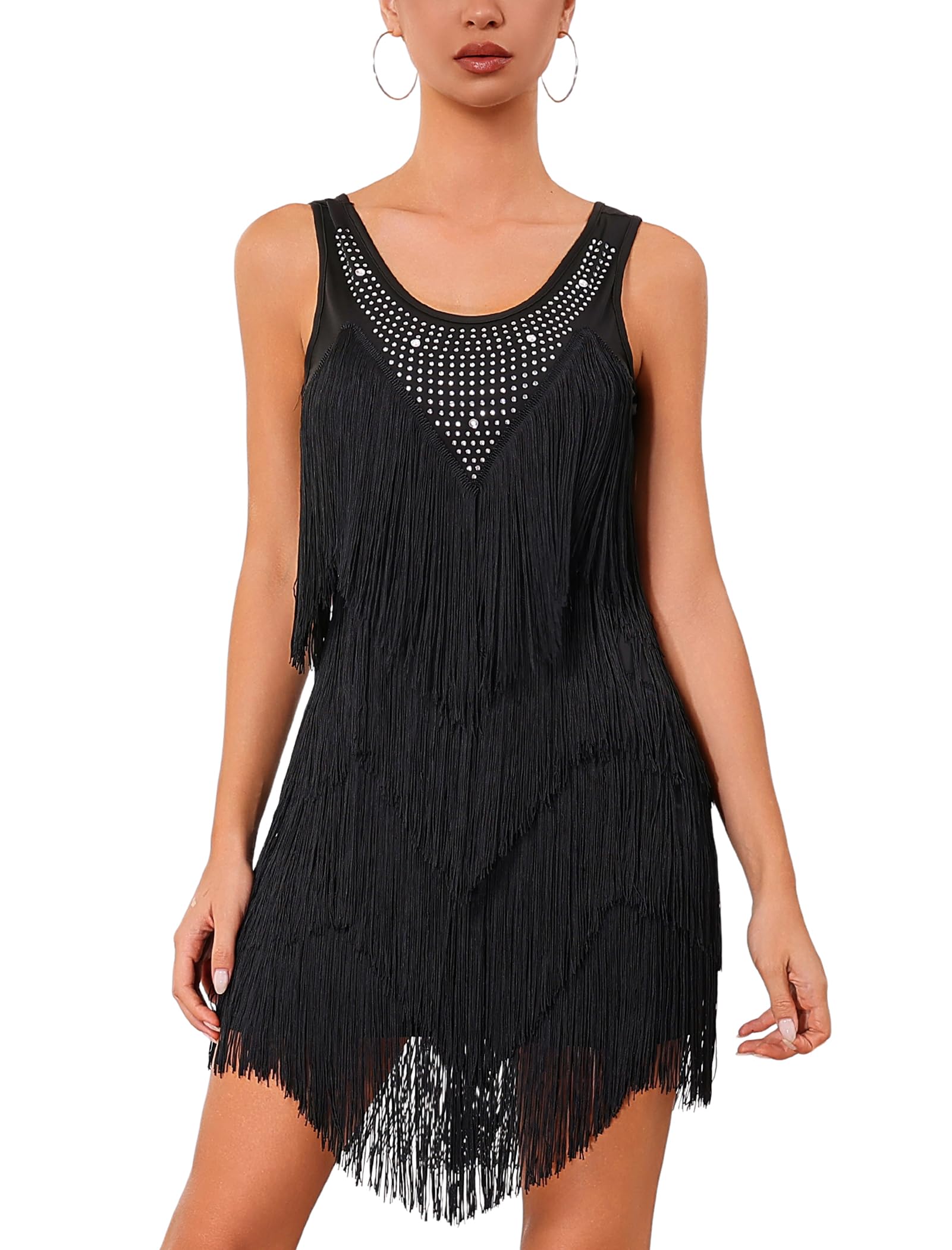 AGYMNX Robe à franges des années 20 pour femme - Robe à franges Gatsby - Strass - Vintage des années 1920 - Élégante robe de danse latine courte et col rond - Robe de samba