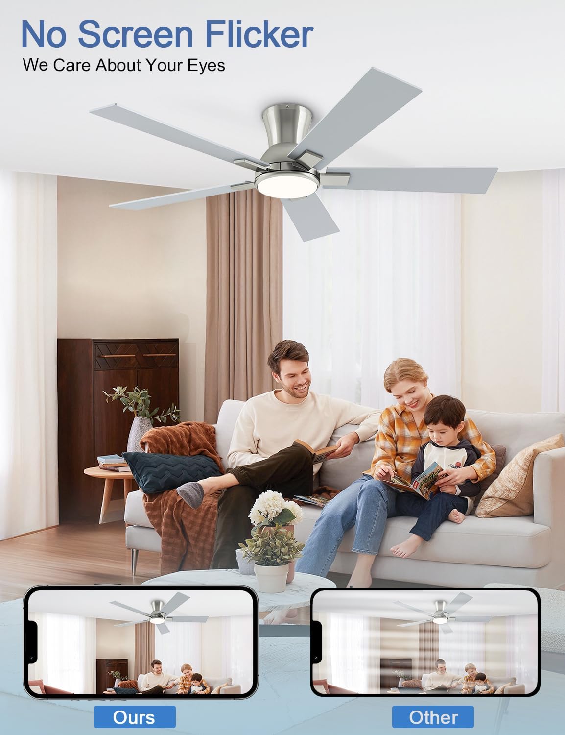 52 Inch Ceiling Fans with Lights and Remote, Brushed Nickel Flush Mount Low Profile Ceiling Fan for Bedroom, Patio, Reversible DC Motor, 6-Speed Quiet LED Dimmable, ETL Listed