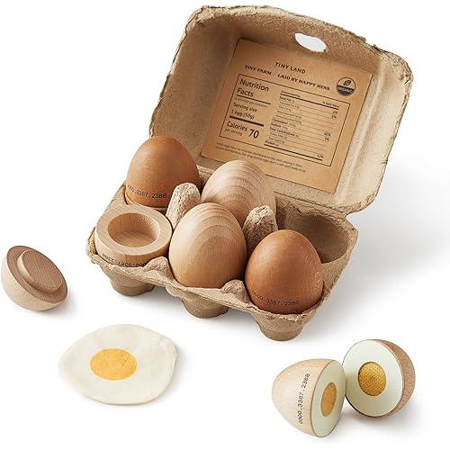 Tiny Land Wooden Egg Toy Set for Kids – 6-Piece Pretend Play Food with Cutting Eggs, Fried Egg & Realistic Carton – Montessori Kitchen Toys for Toddlers