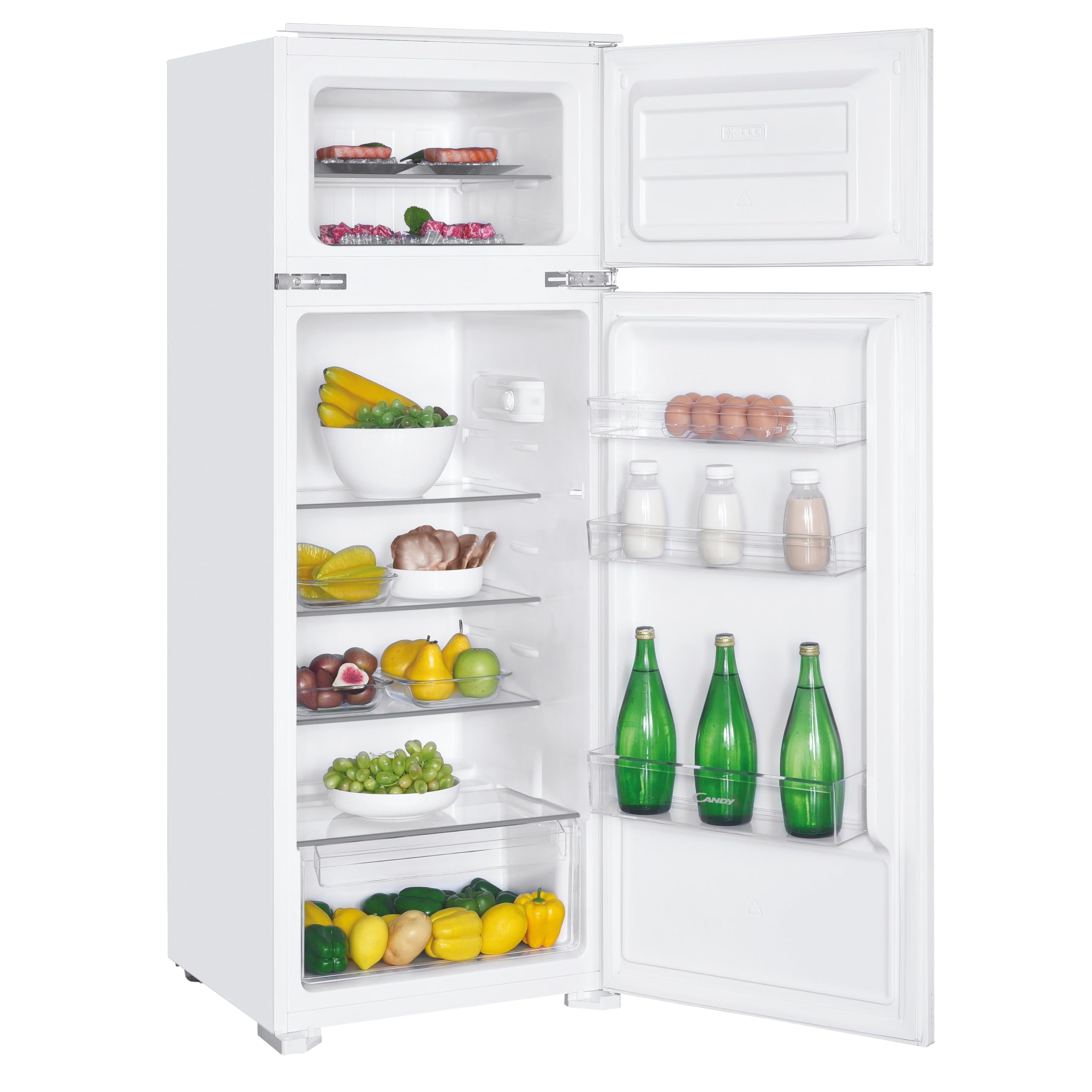 Candy CFBD 2450/5EH - Frigorifero da incasso con congelatore, porta a traino, a due porte, nicchia da 144 cm, 205 litri, frigorifero da 169 litri, congelatore da 36 litri, 1 cassetto per verdura, 4