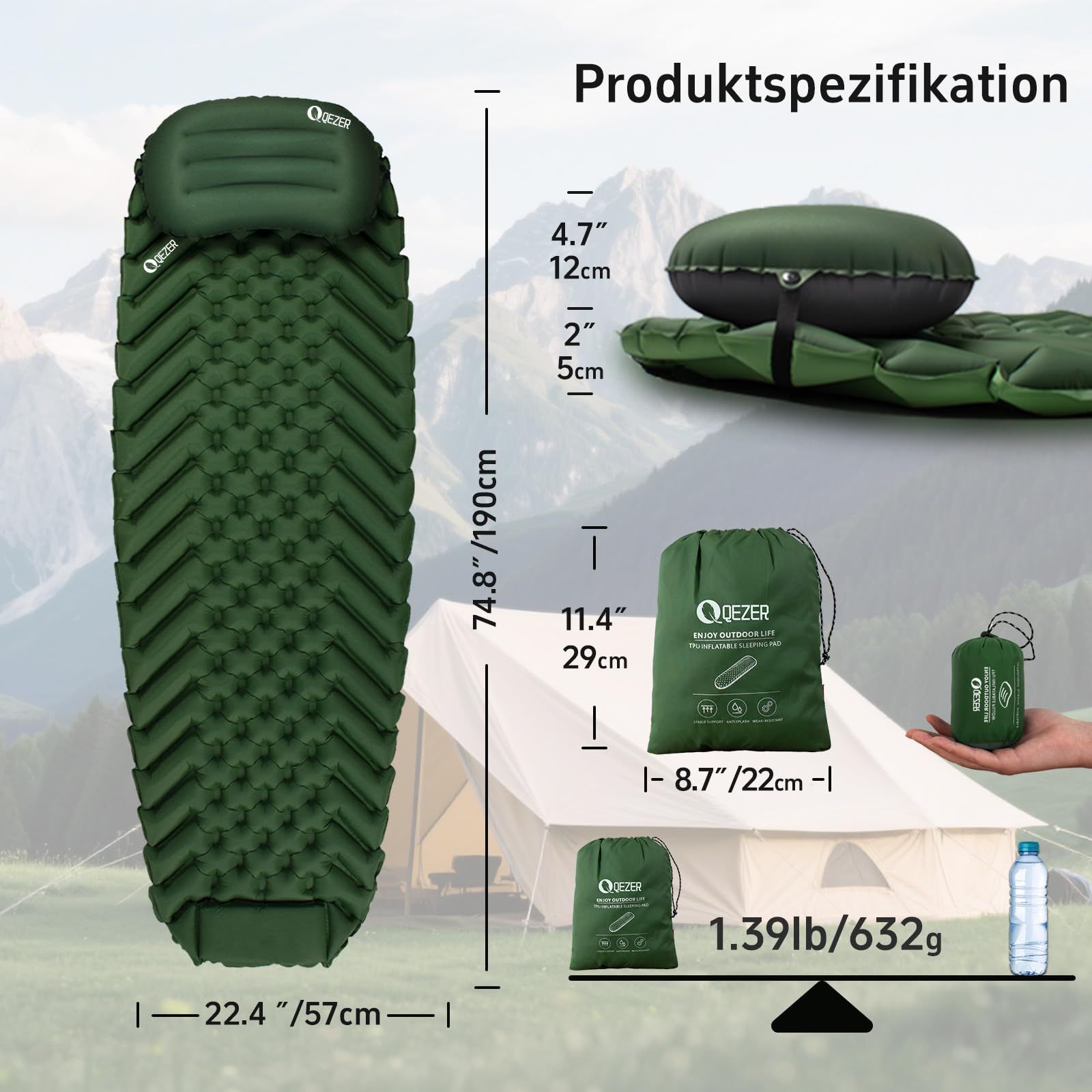 Ultraleichte Isomatte mit separatem Kissen, isomatte selbstaufblasend Isomatte für Outdoor-Rucksackreisen, mit Fußpumpe Wandern und Reisen