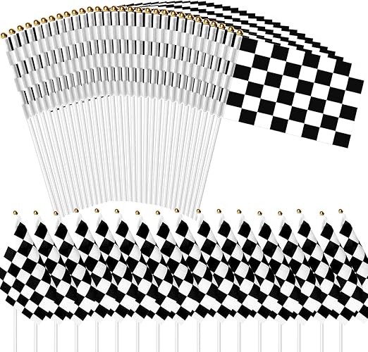 50 Pcs Small Checkered Flags Black and White Racing Flag, 5x8 Inch Handheld Flag with Child Safety Spear Top Great Children's Birthday Gift and Party Decorations Car Racing Decorations
