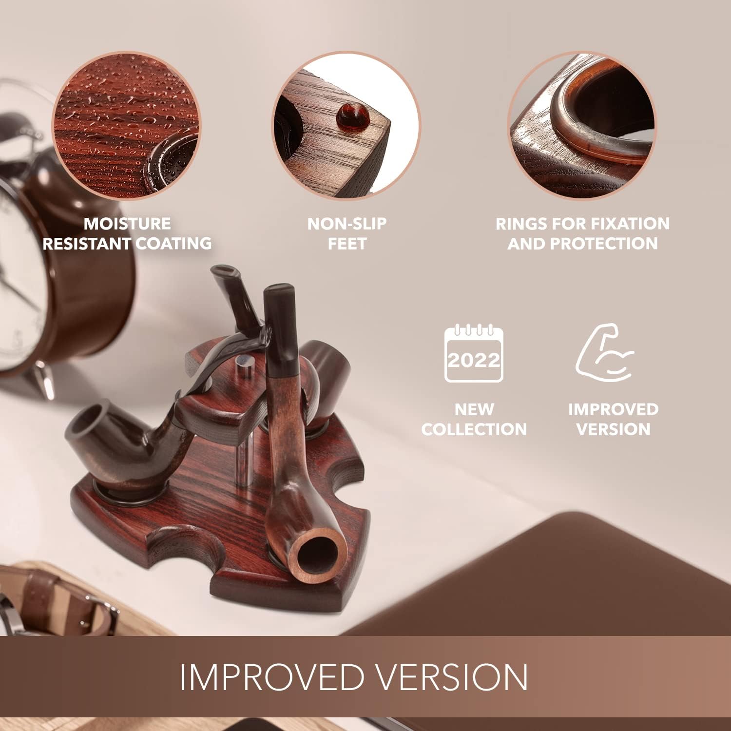 Wooden Pipe Stand for 3 Tobacco Smoking pipes Handmade from natural Ash tree wood Pipe Rack Holder Display