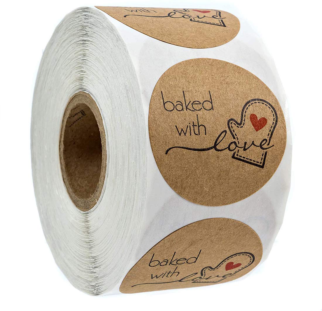 Starthi Round Natural Kraft Baked with Love Stickers Organic Made Stickers / 1" Inch Round Natural Kraft Organic Stickers/Organic Labels 500 Labels per roll