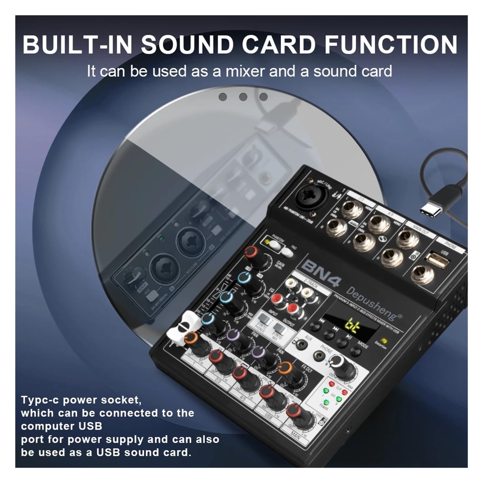 Mixer audio BN4 Professional 5 canali DJ Mixing Console con scheda audio 48V Phantom Power PC per la registrazione (D Taglia unica)