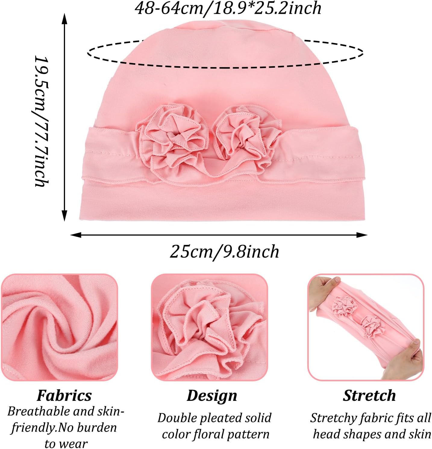 2PCS Chemo Turban Headwear for Women, Soft Cancer Chemo Head Scarf Hats, Cotton Beanie with Flowers for Women's Hair, Elastic Head Covering for Hair Loss (Pink, Gray) - Image 2