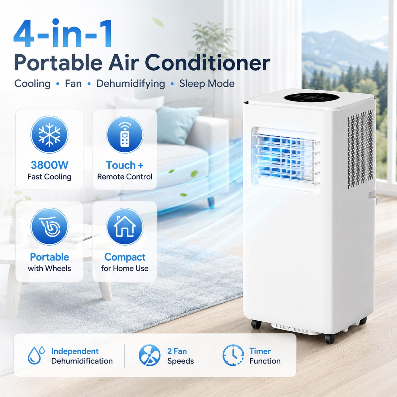 Aire Acondicionado Portátil 13000 BTU, Climatizador Portátil con Deshumidificador, Ventilador, Refrescante, Sueño, Kit Ventana, Modo Noche, pingüino Aire Acondicionado, casa 3800W