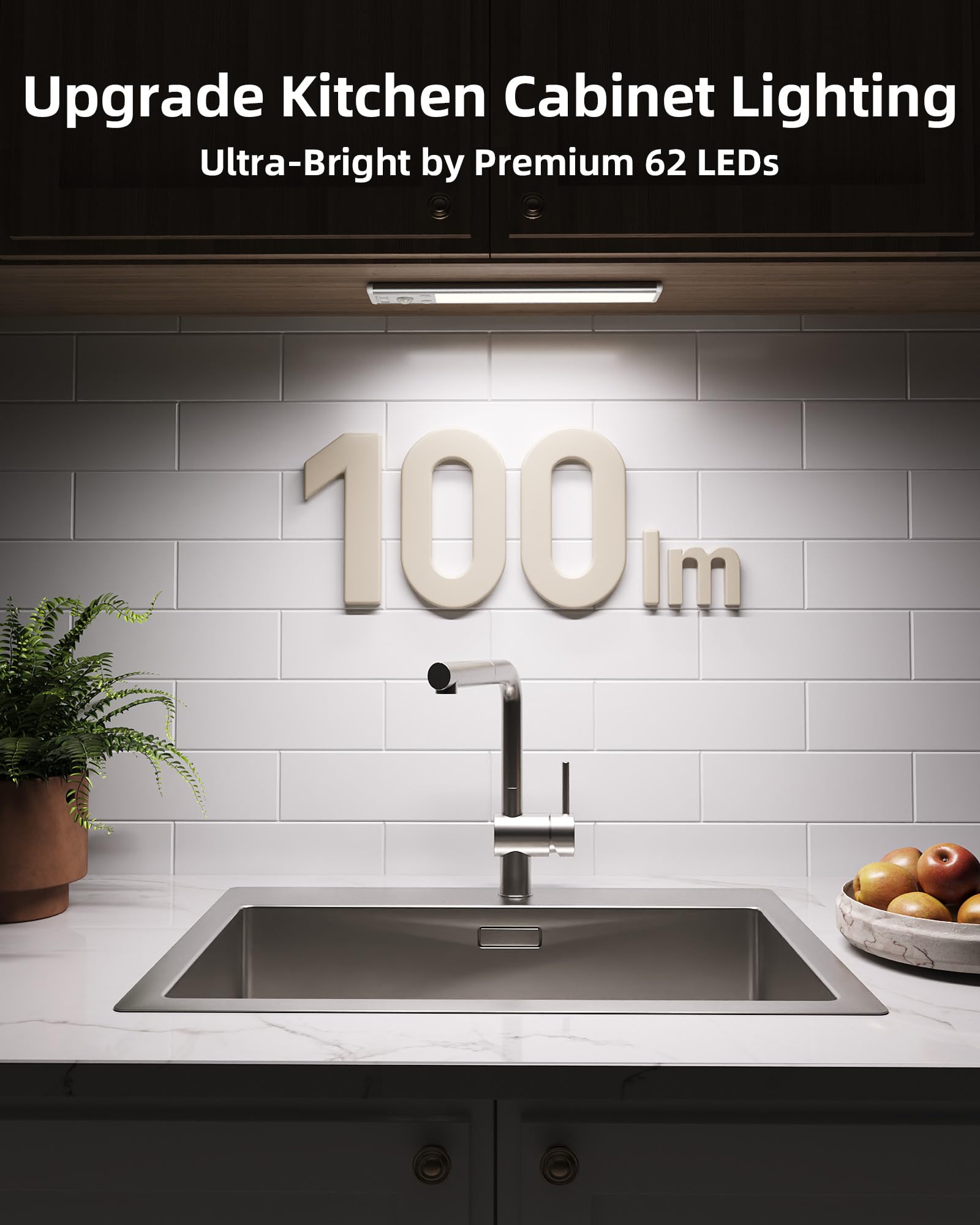 EZVALO Under Cabinet Kitchen Lights, 3 Color Dimmable 62 LED Motion Sensor Lights Indoor, 1600mAh Rechargeable LED Lights for Cupboard, Kitchen (20.5cm, 2 Pack) - 3