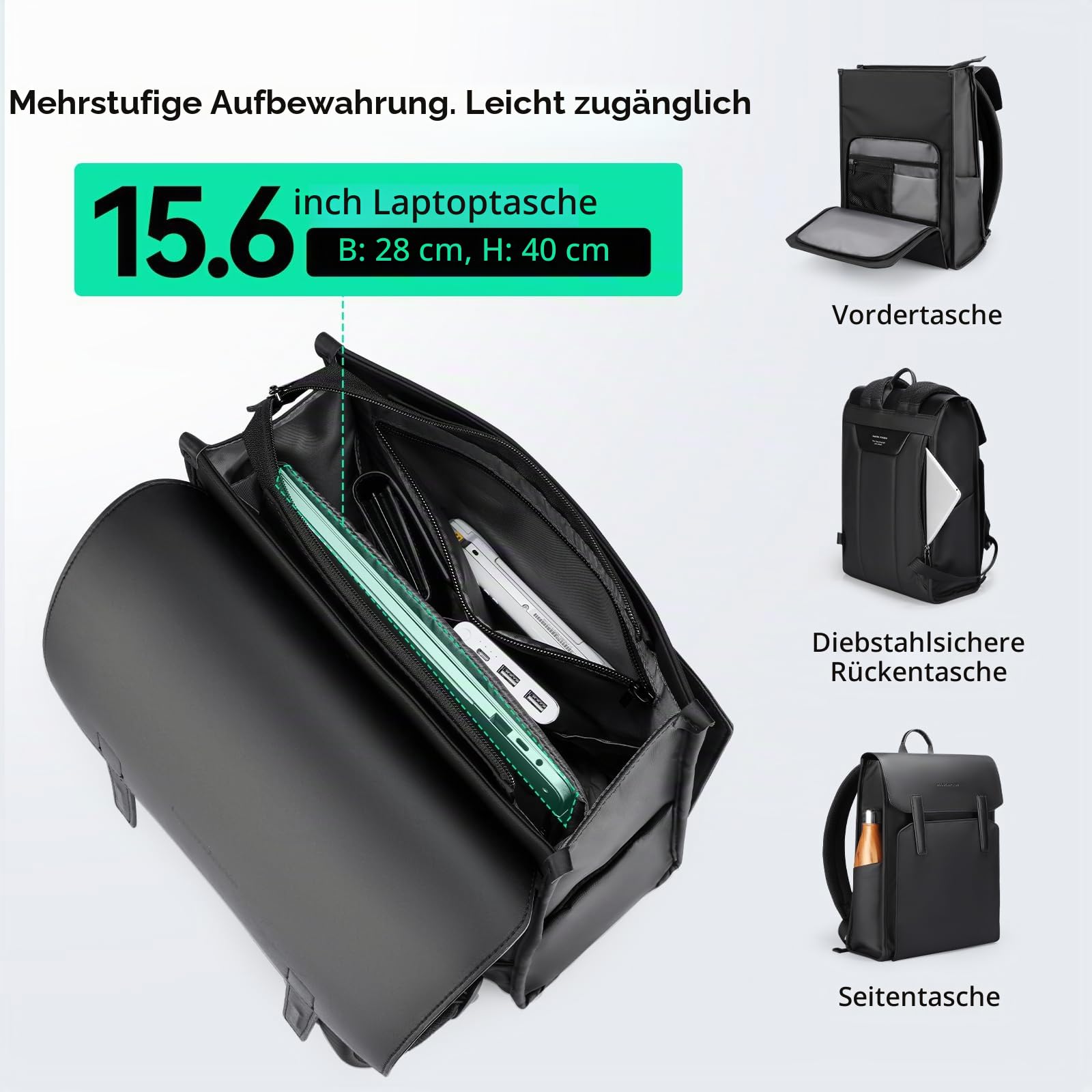 MARK RYDEN Leicht 15,6 Zoll Laptop Rucksack Herren, Water-Resistant Leder Business Rucksack, Multifunktional Hightech-Magnetverschlus Rucksack, Geeignet für Pendeln, Tägliches College, Geschäftsreisen