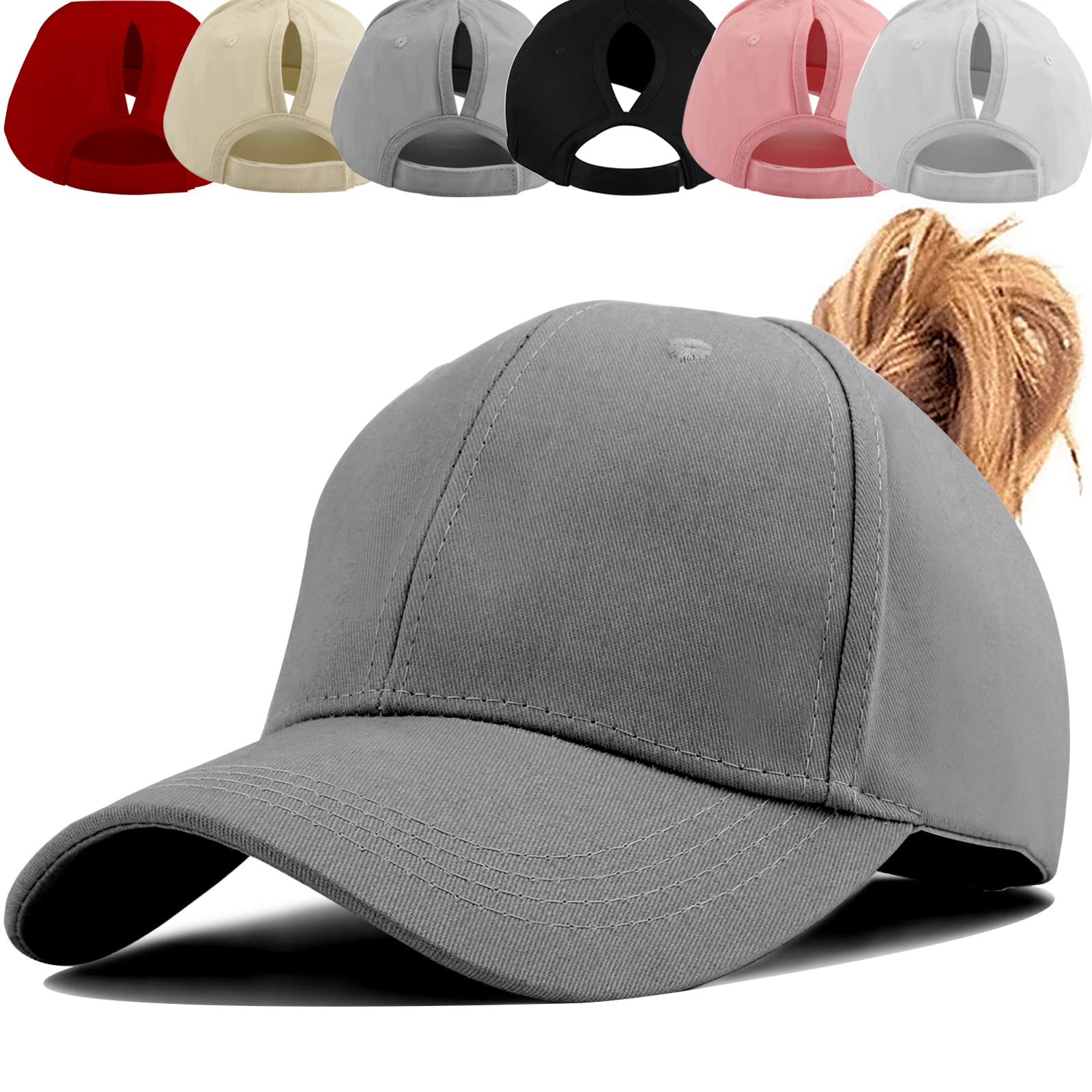 Baynetin Womens Ponytail Hat Baseball Cap,Unisex Adjustable High Messy Bun Ponycap,Classic Solid Color Outdoor Hats with Pony Hole Loop (Grey)