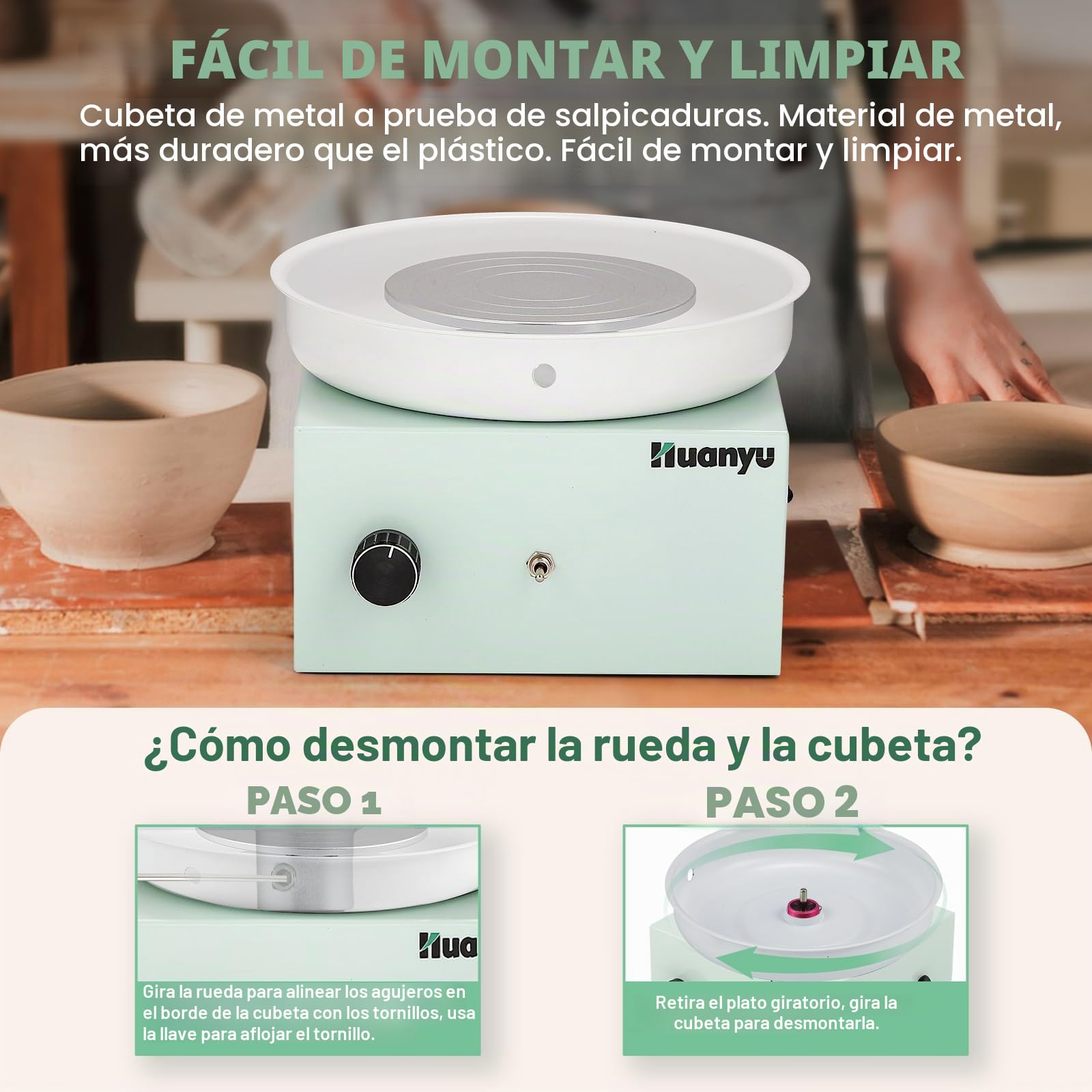 Huanyu Volante de Alfarería 10cm Mini Volante de Alfarería Eléctrico 0-2000RPM Velocidad Ajustable Volante de Alfarería Cerámica con 27pcs Kit de Herramientas de Alfarería (Verde)