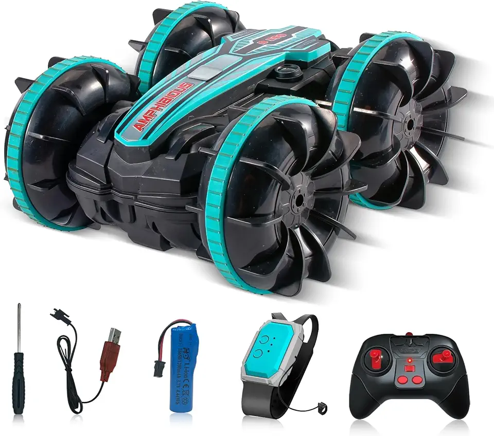 Carro Anfíbio Controle Remoto 2.4GHz, Tração 4x4, Resistente à Água Profunda, Rotação 360°, Bateria Recarregável 1200mAh, Kit Completo para Terreno e Água