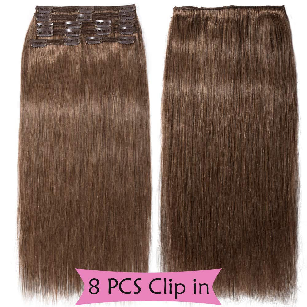 SEGO Extension Capelli Veri Clip Marrone 50cm Double Weft Volumizzante 8 Fasce Naturali 100% Remy Human Hair Lisci 150g Full Head #30 Castano Ramato Chiaro
