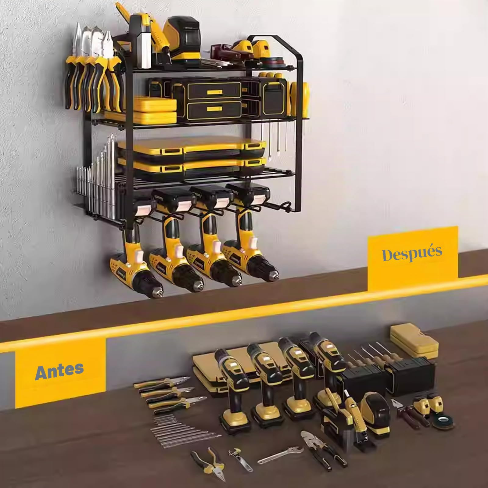 Organizador de herramientas eléctricas de 4 capas, soporte de pared para herramientas de taladro eléctrico, ahorro de espacio, resistente y duradero, fácil de instalar, añade más espacio de