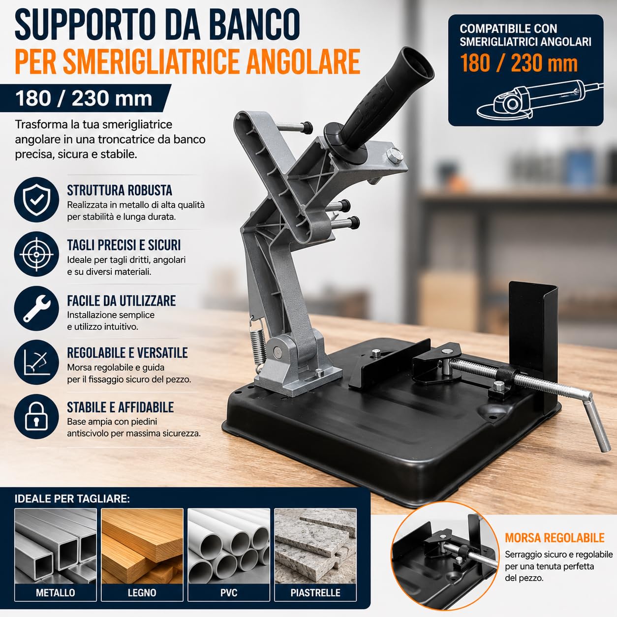 Soporte de banco para amoladora angular 180/230 Tronzadora Soporte para amoladora angular de 180-230 mm tronzadora madera hierro ajustable