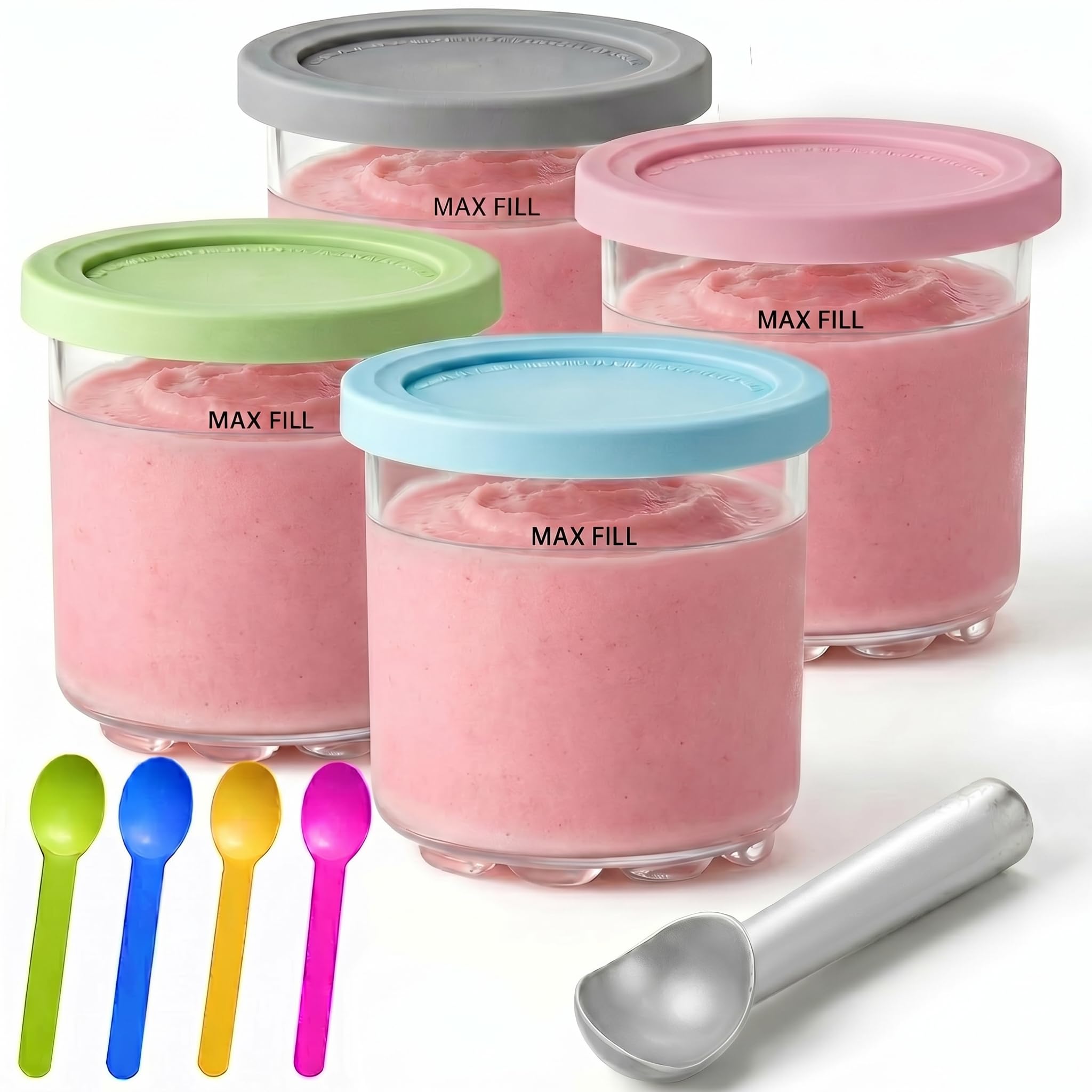 Creami Pints and Lids for Ninja - 4 pack Creamy Icecream Containers Cups Jars Tubs Canisters Set, Smoothie Pot Compatible with NC299AMZ &amp; NC300s Series Creamer Ice Cream Maker Machine Accessories